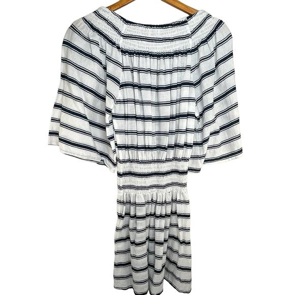 Faithfull the Brand White Navy Striped Off the Shoulder Mini Dress SZ 2 Coastal - Picture 6 of 12